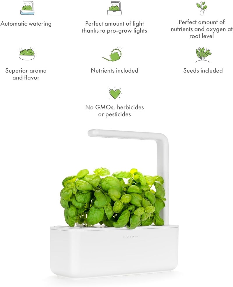 CLICK AND GROW طقم حديقة الأعشاب الداخلية Click & Grow مع ضوء النمو | حديقة ذكية لمطبخ المنزل على حافة النافذة | أسهل من نظام الزراعة المائية | مجموعة بدء زراعة الخضروات (تتضمن 3 كبسولات ريحان)، أبيض - Image 2